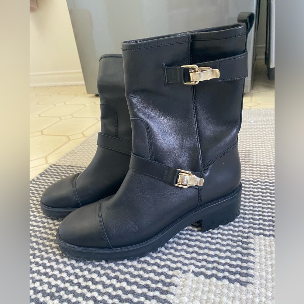 Massimo Dutti Black Leather Combat & Moto Boots with Gold Buckles